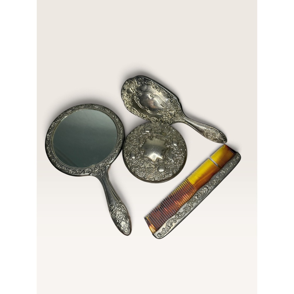 Vintage Silver Plated Ornate 4 Piece Vanity Set Art Nouveau